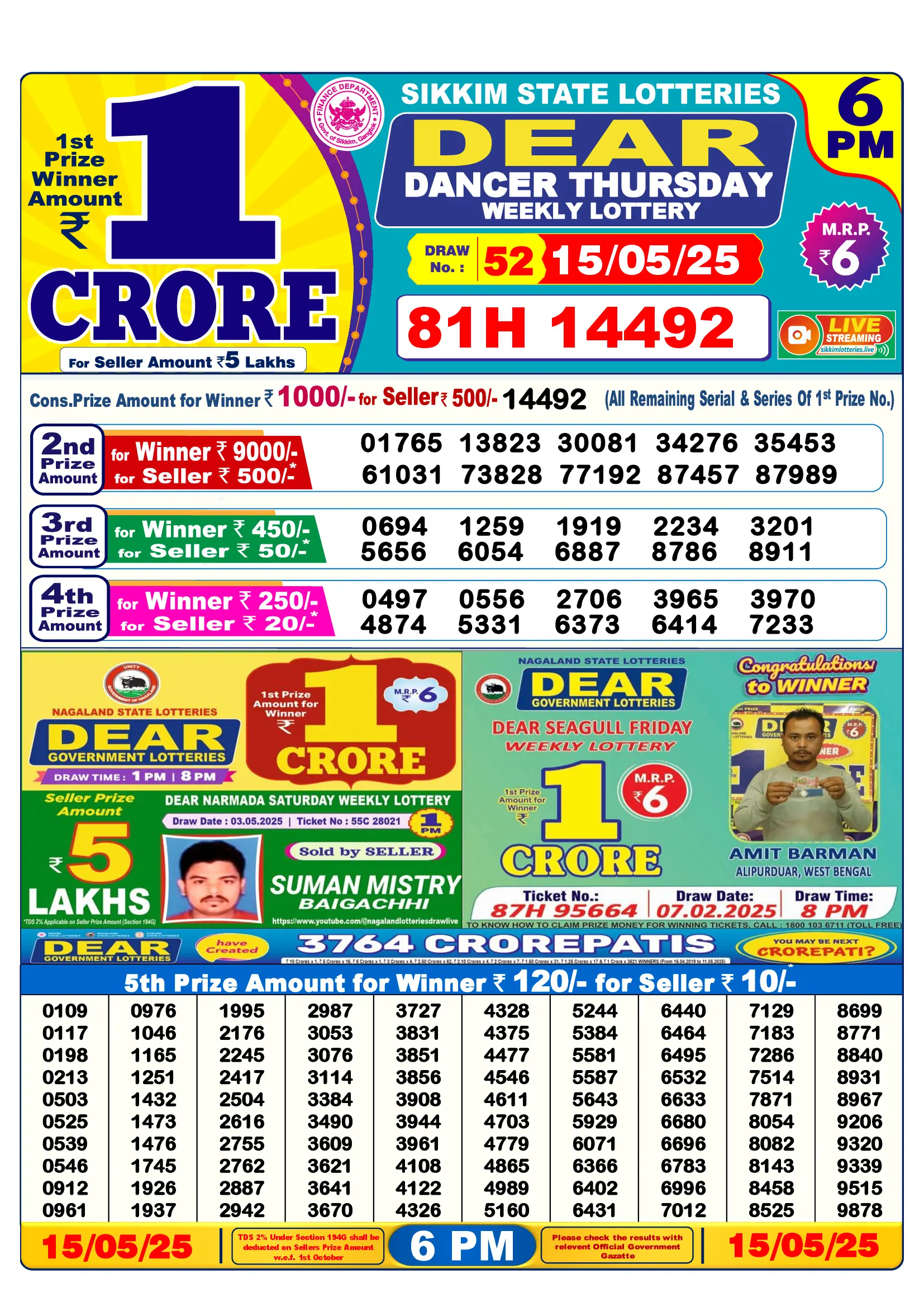 Dear Lottery Result Today 6PM May 16 2025