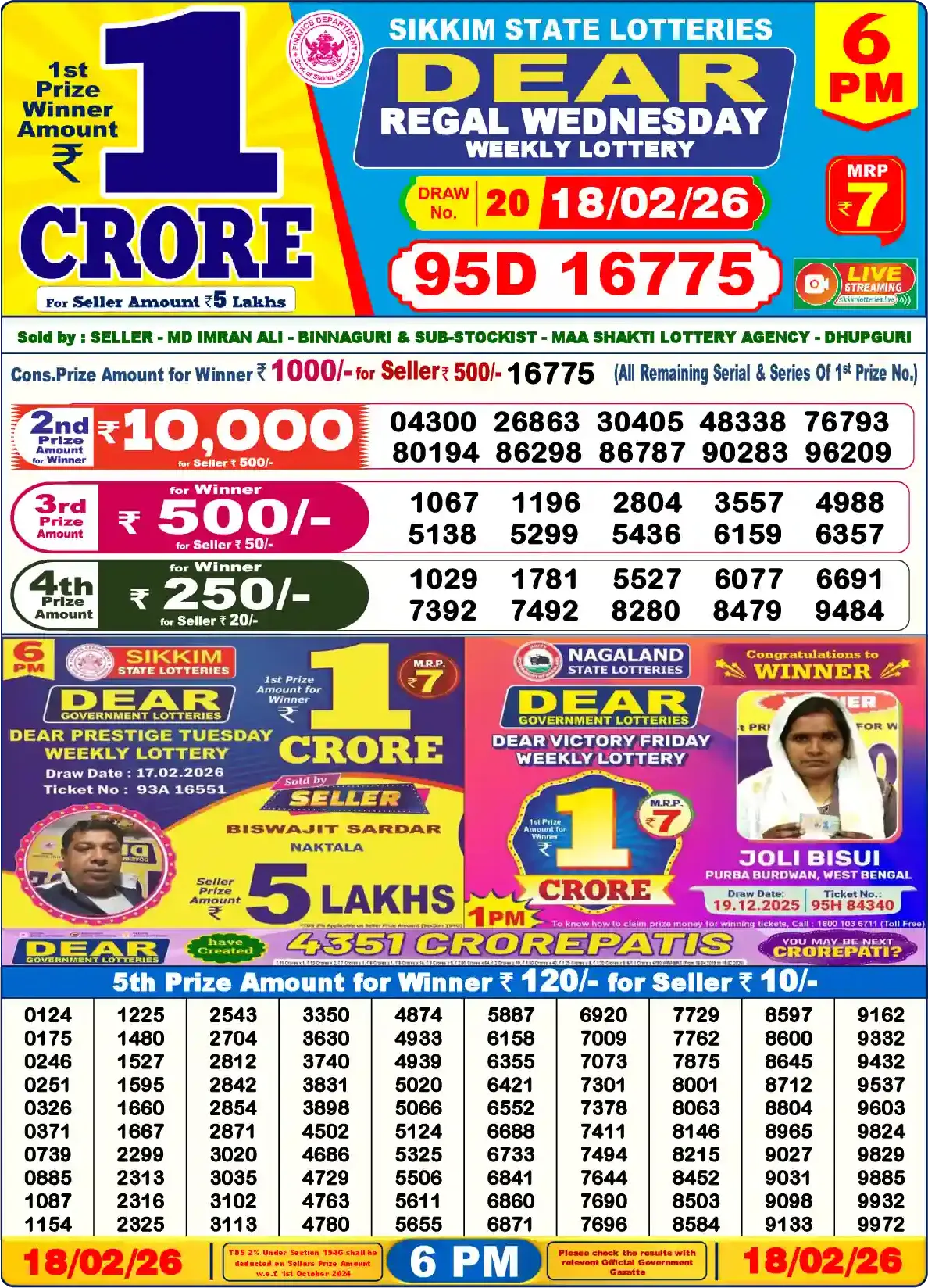 Dear Lottery Sambad Today 6PM February 19 2026