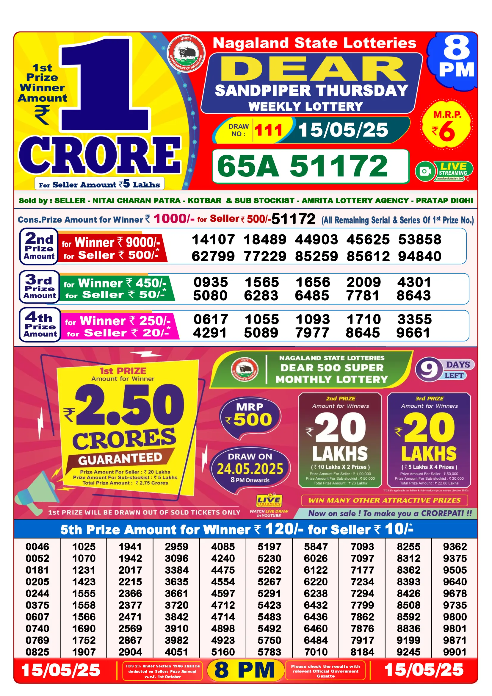 Dear Lottery Sambad Yesterday 8PM 15-05-2025