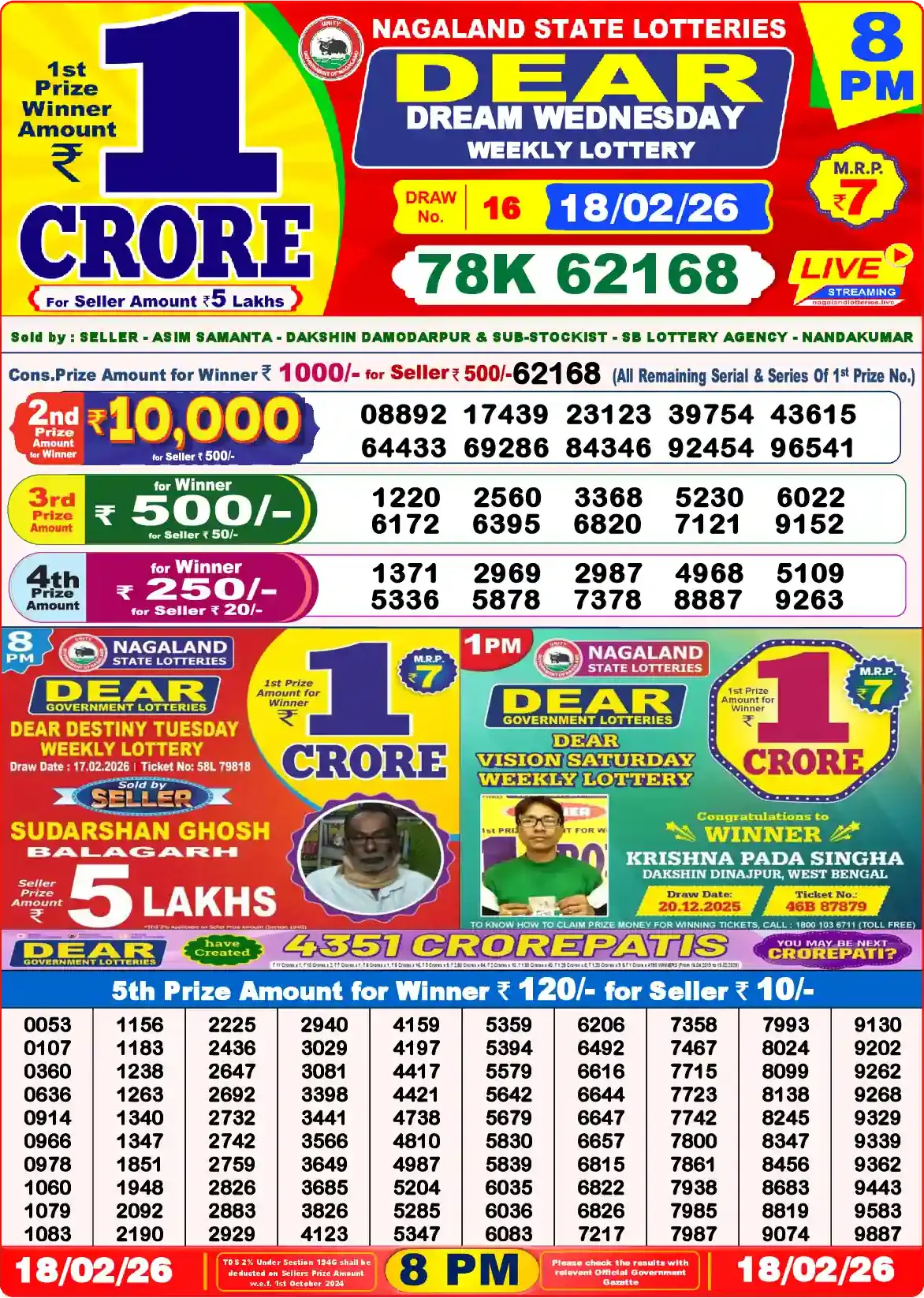 Dear Lottery Result Today 8PM February 19 2026